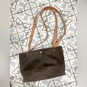 Brown thick cowhide leather tote with leather straps